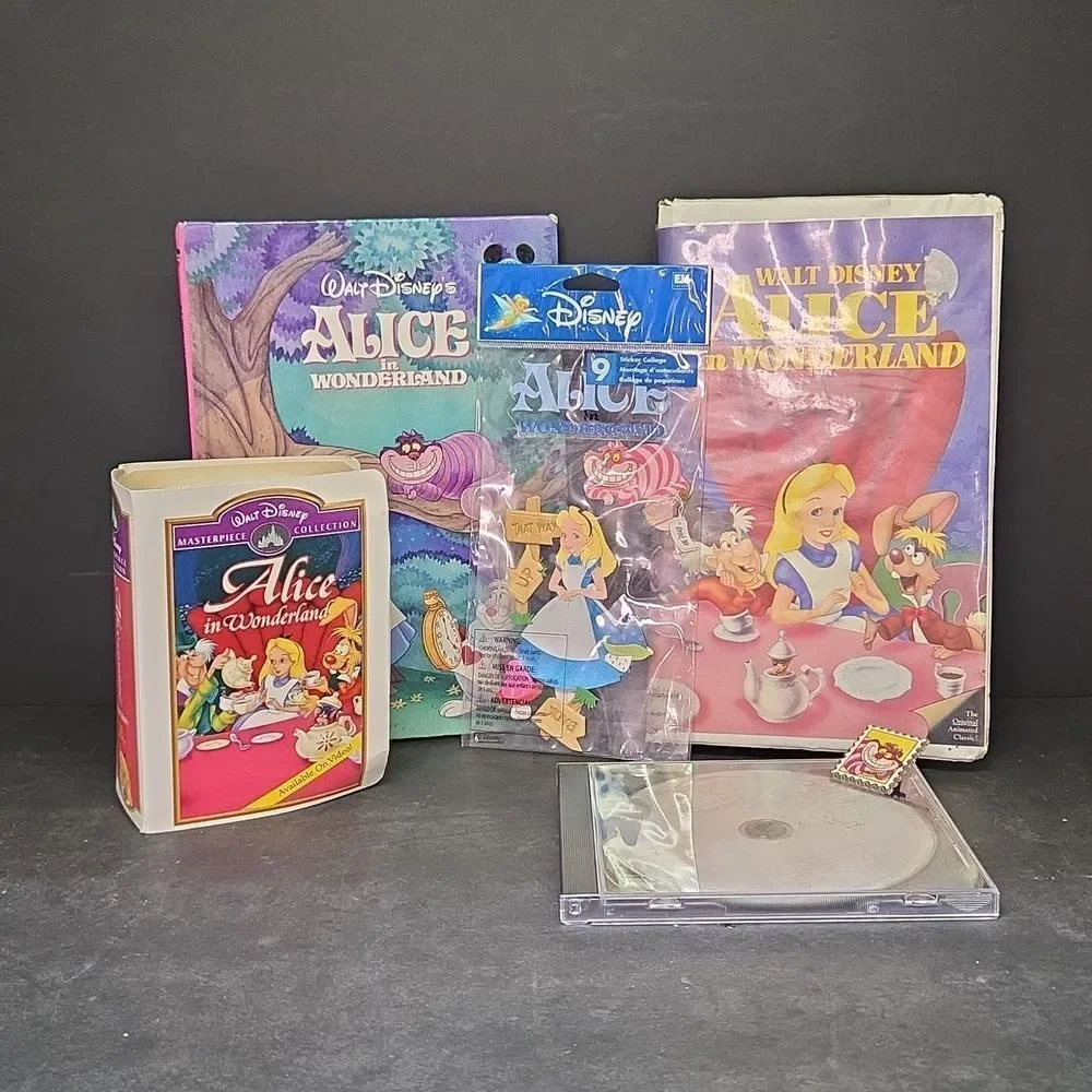Alice in Wonderland 1 vhs 1 dvd movie, 1 book, Happy‎ Meal Toy, Stickers, Pin