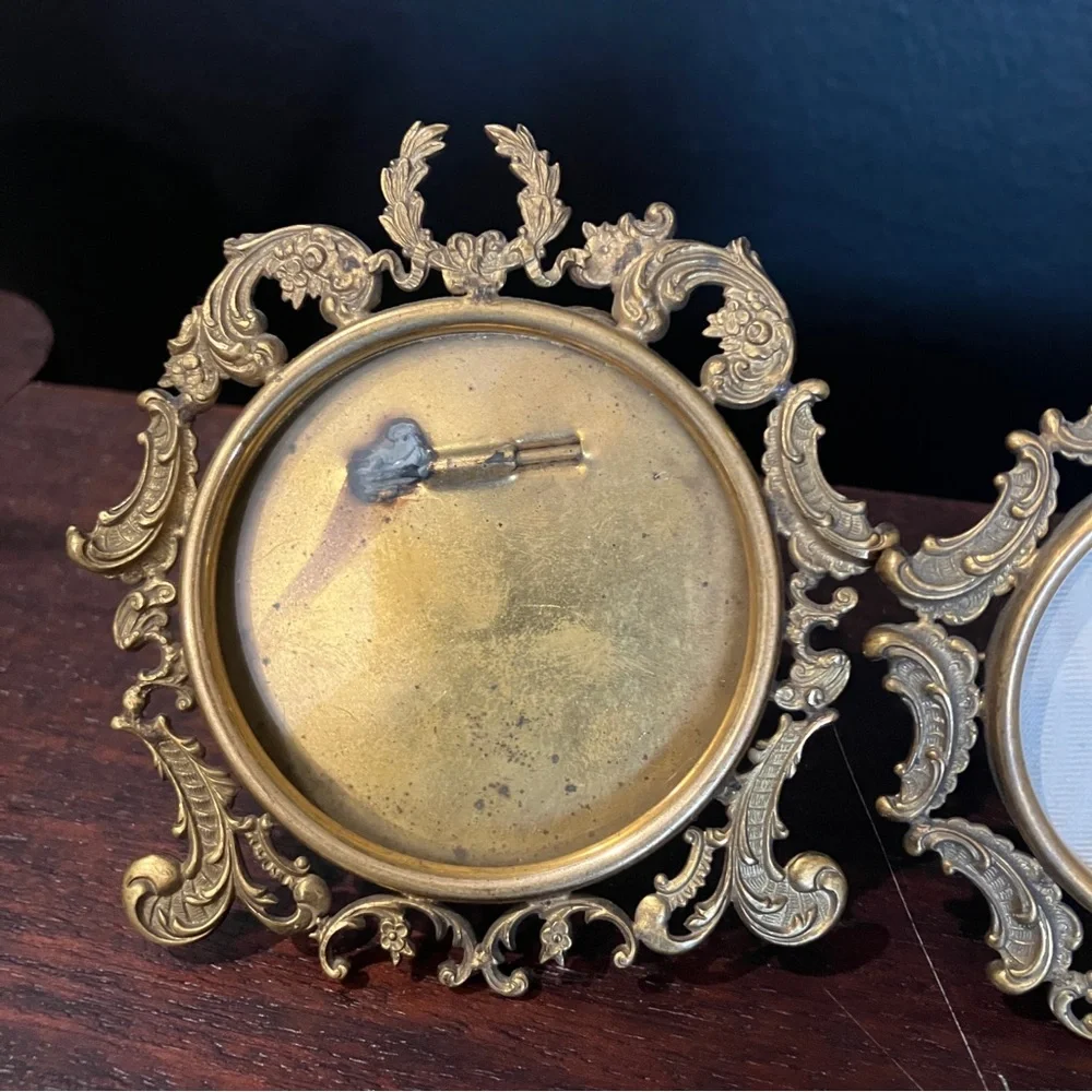2 Antique Victorian / Edwardian Miniature Metal Gilt Frames Wreath & Gibson Girl
