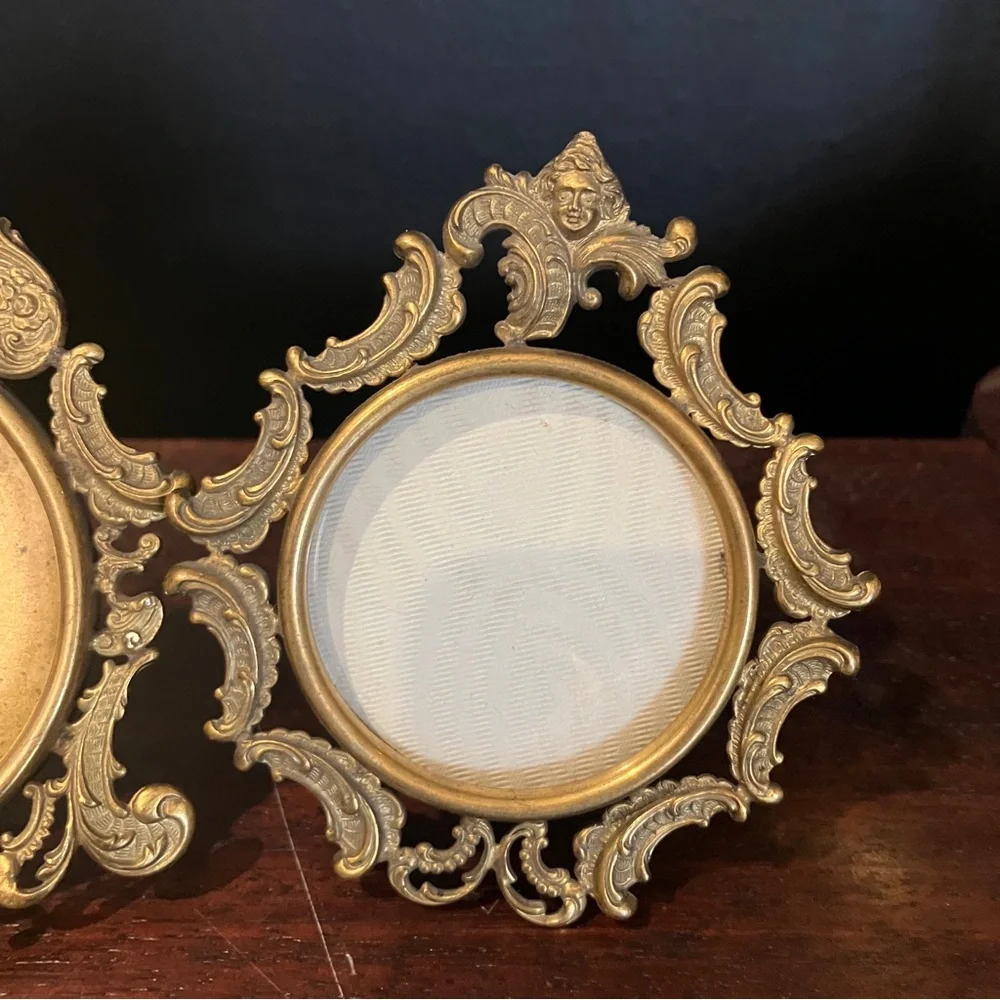 2 Antique Victorian / Edwardian Miniature Metal Gilt Frames Wreath & Gibson Girl