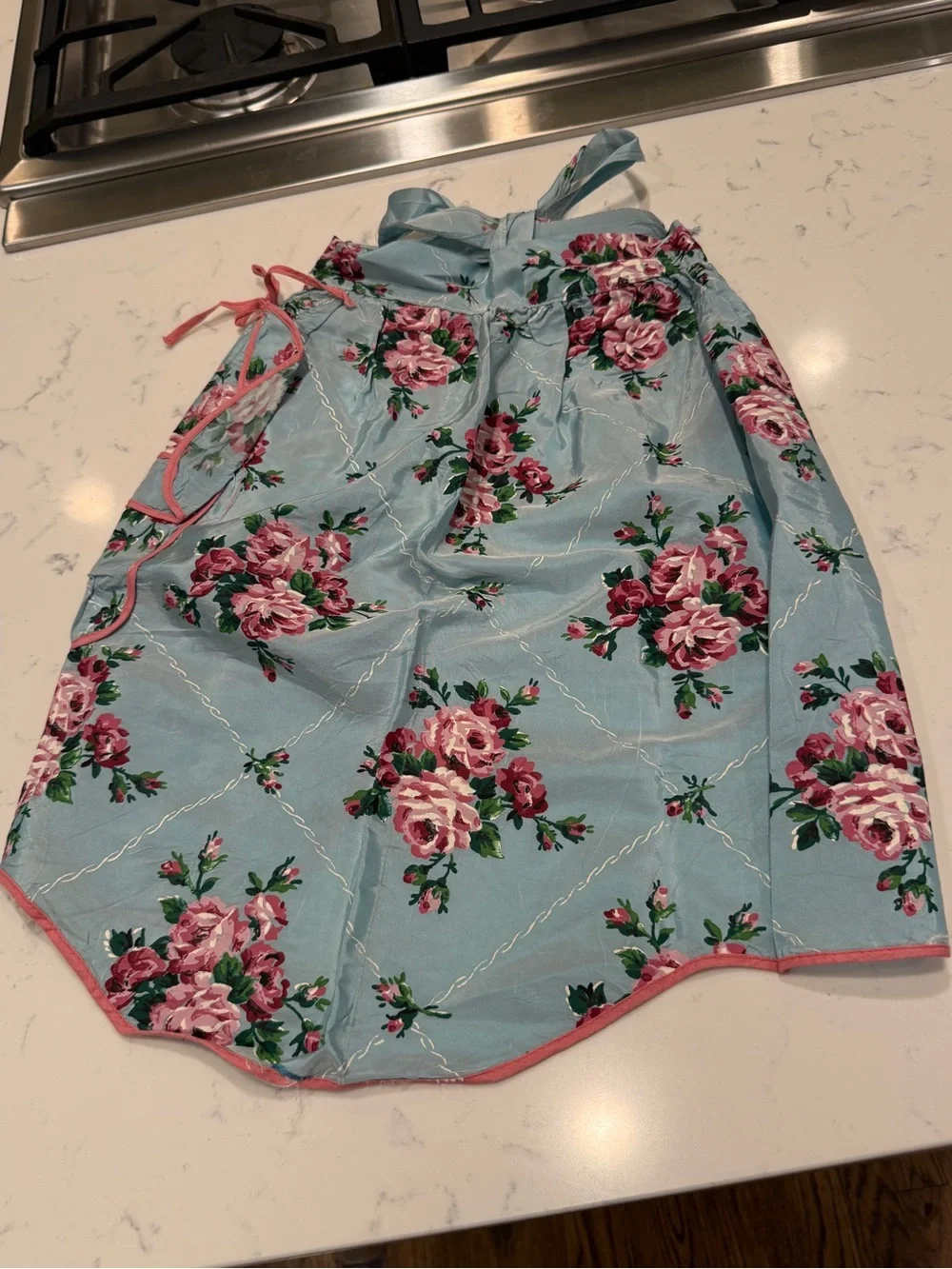 Blue Pink Rose Half Apron vintage blue