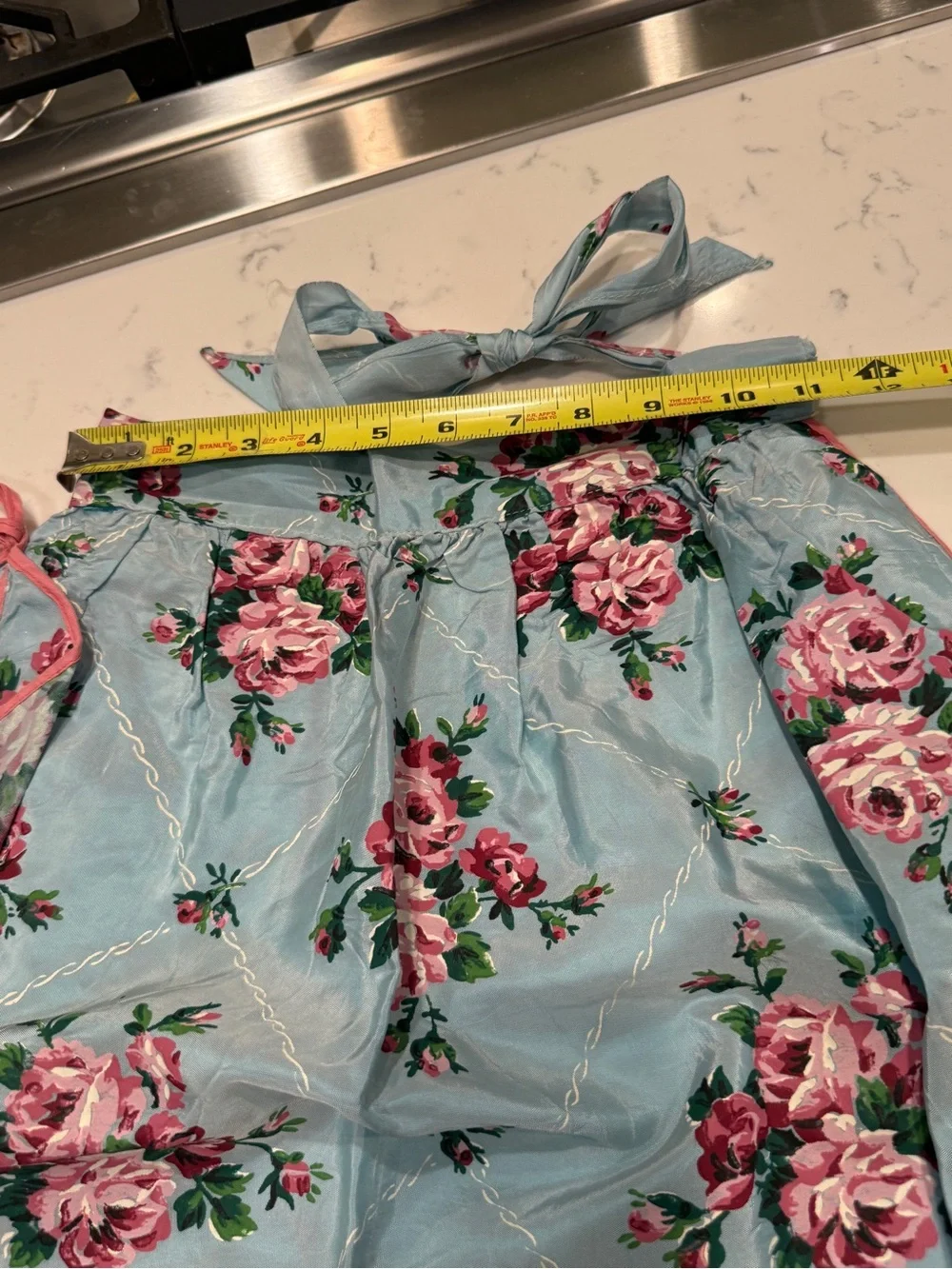 Blue Pink Rose Half Apron vintage blue
