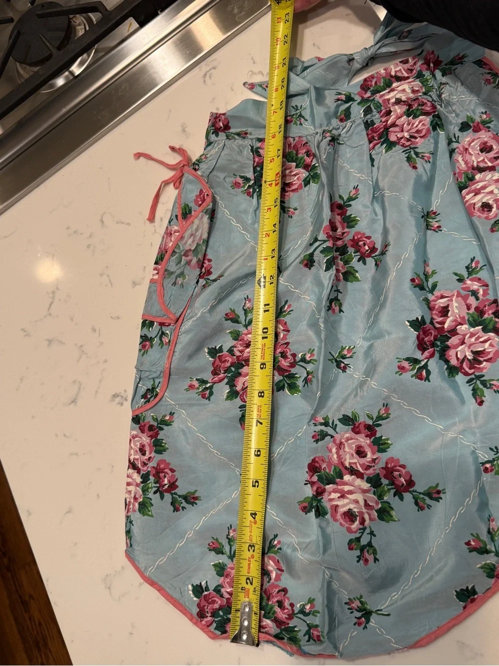 Blue Pink Rose Half Apron vintage blue