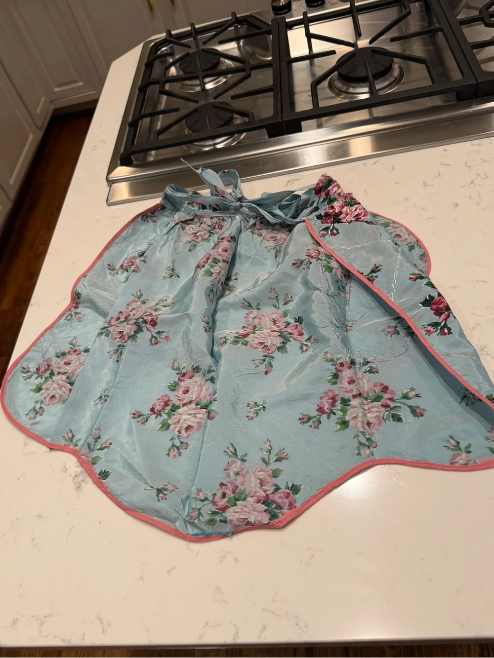 Blue Pink Rose Half Apron vintage blue