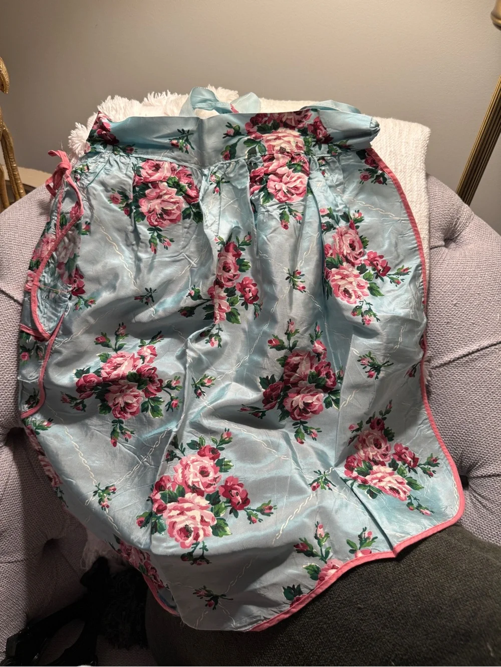Blue Pink Rose Half Apron vintage blue