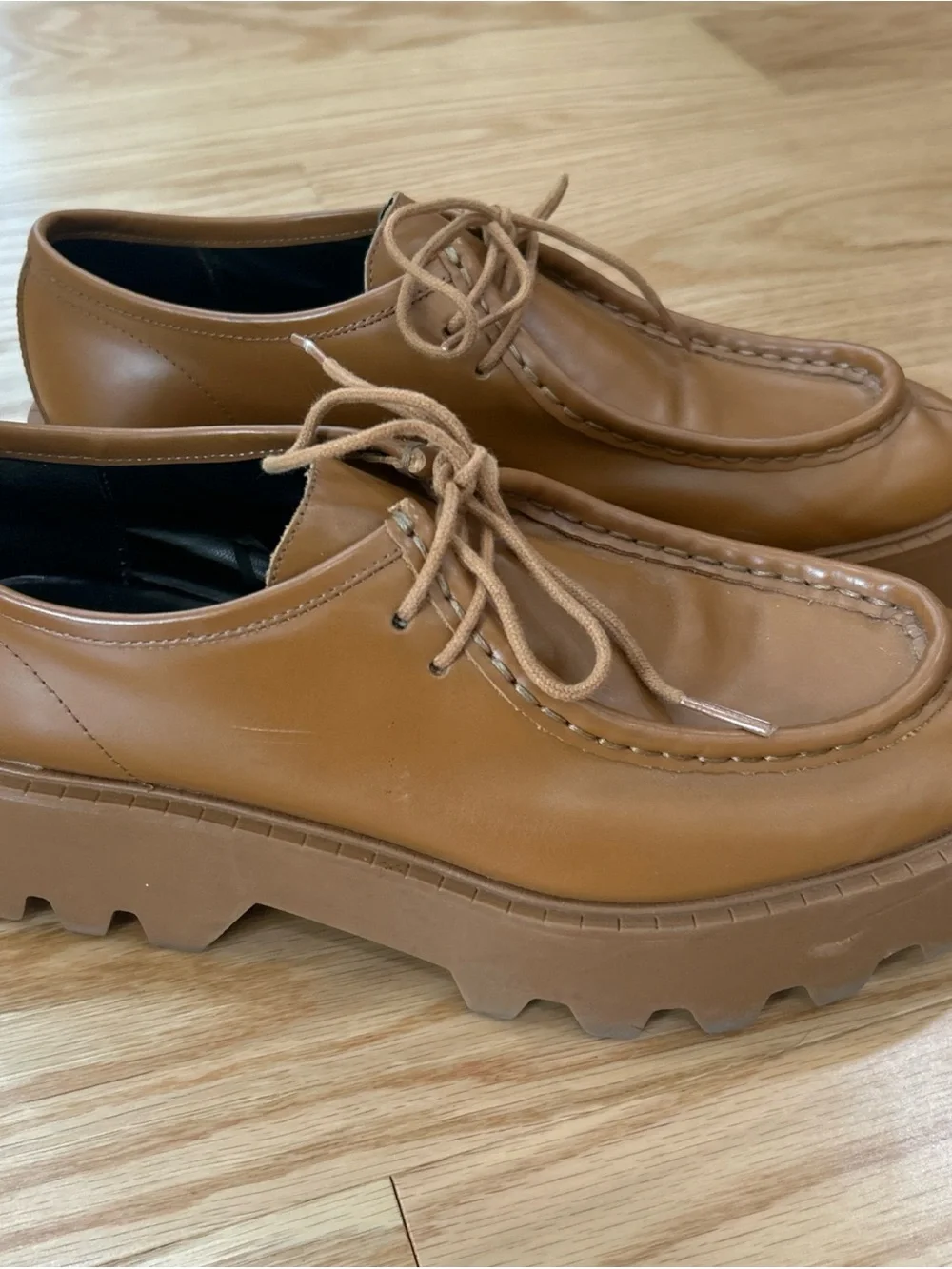 ZARA Brown Leather Chunky Platform Lug Sole Lace Up Loafers Sz 41 US 10
