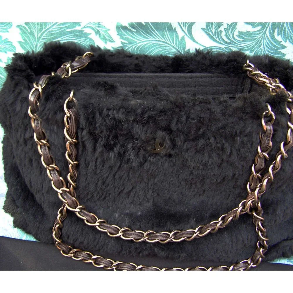 RARE CHANEL Black Fur Shoulder Bag Chain Straps CC