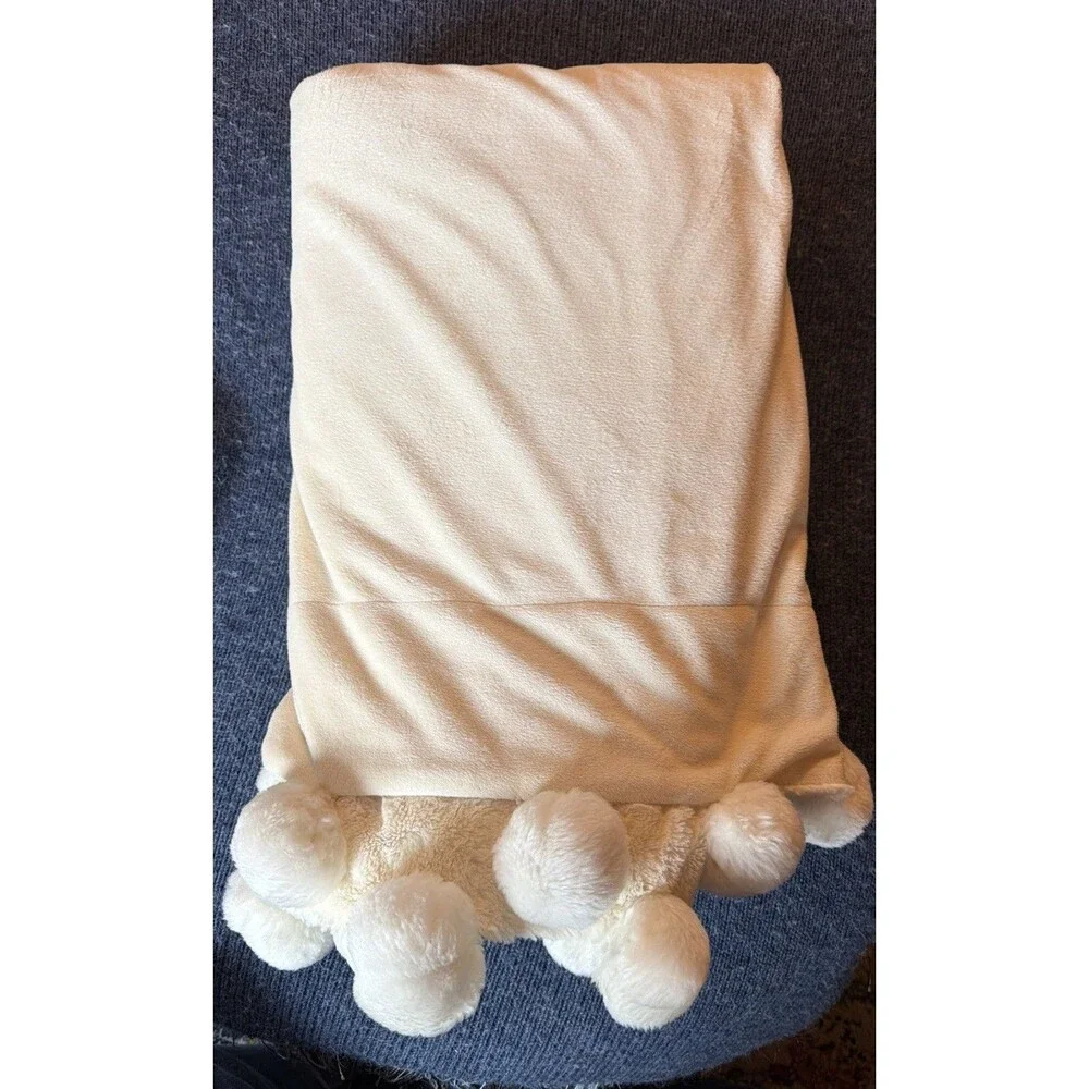 Pier 1 Imports Ivory Pom Pom Fringe Throw Blanket 50” x 60” Soft Medium Weight