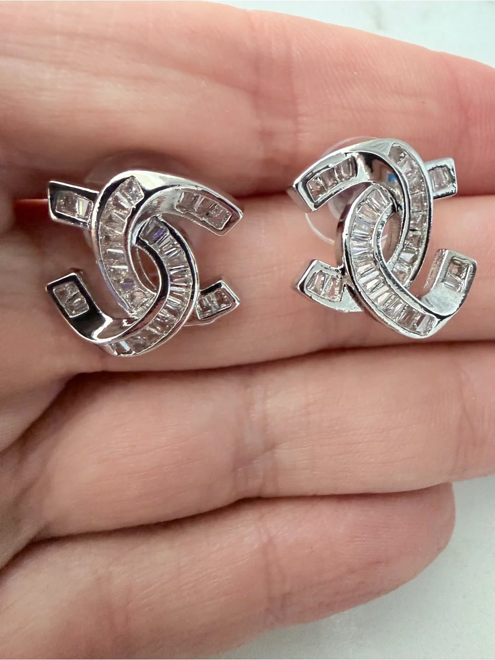Chanel Crystal Interlocking Logo Stud Earrings - Silver