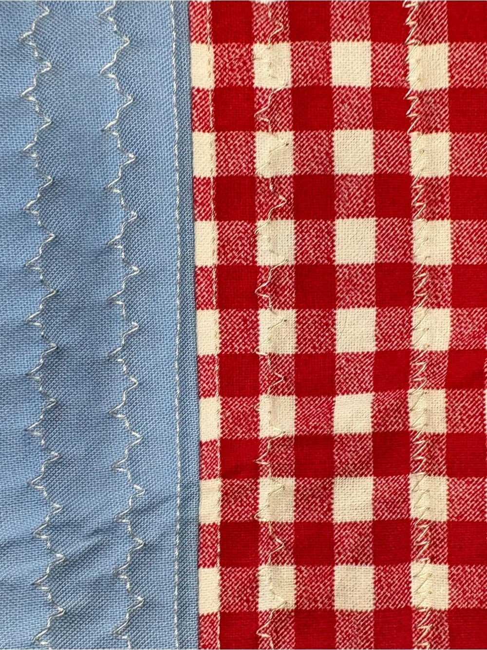 Red Gingham Table Runners with Light Blue Trim and Butterfly Embroidery