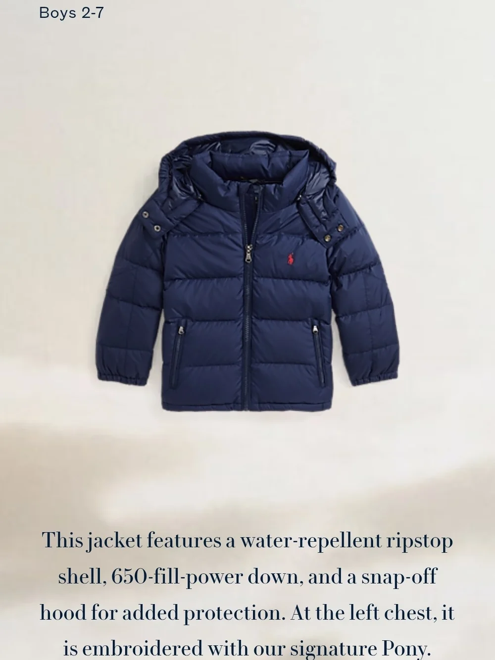 Ralph Lauren Boys Navy Puffer Jacket with Hood