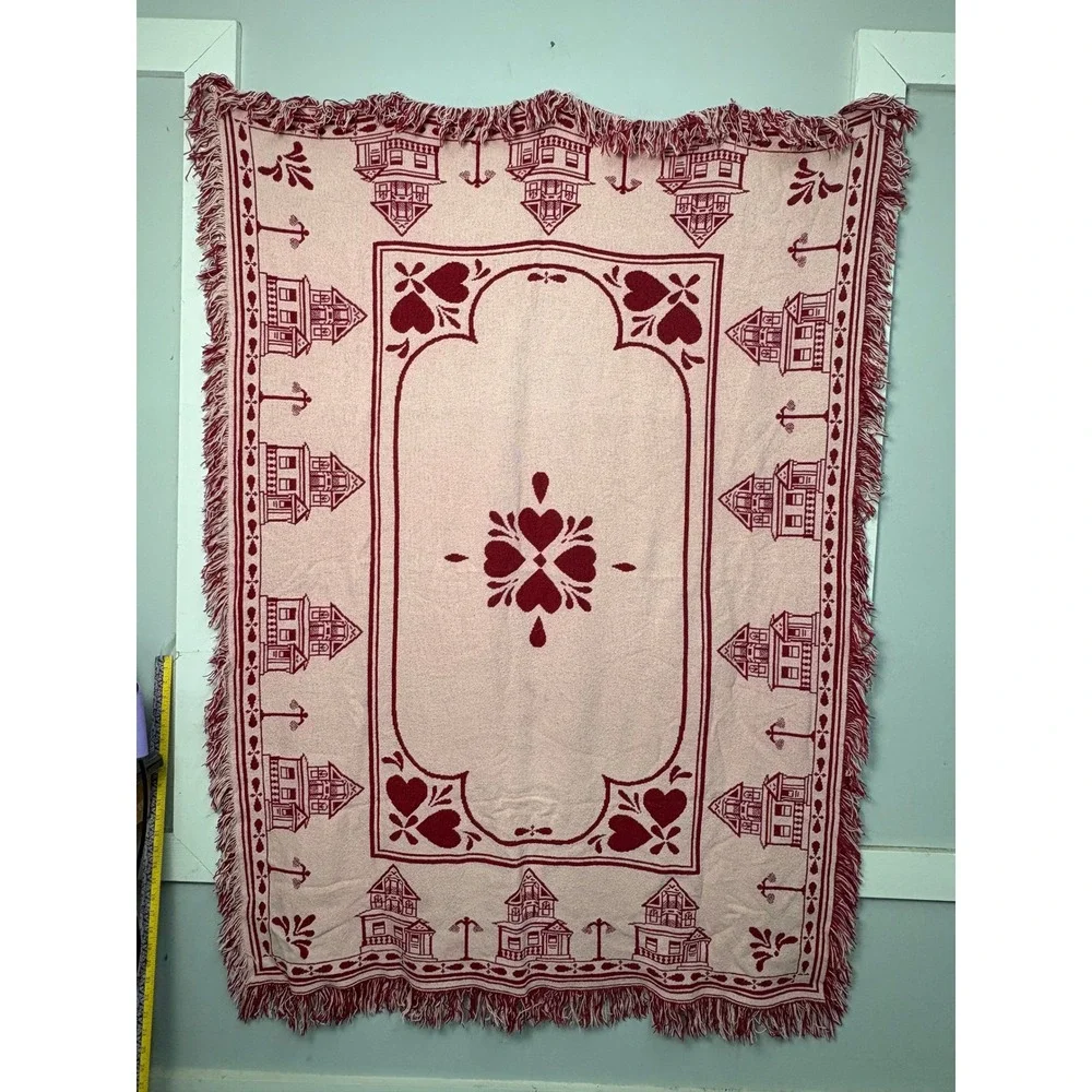 Vintage Woven Tapestry Throw Blanket Victorian House Hearts Reversible 48x64