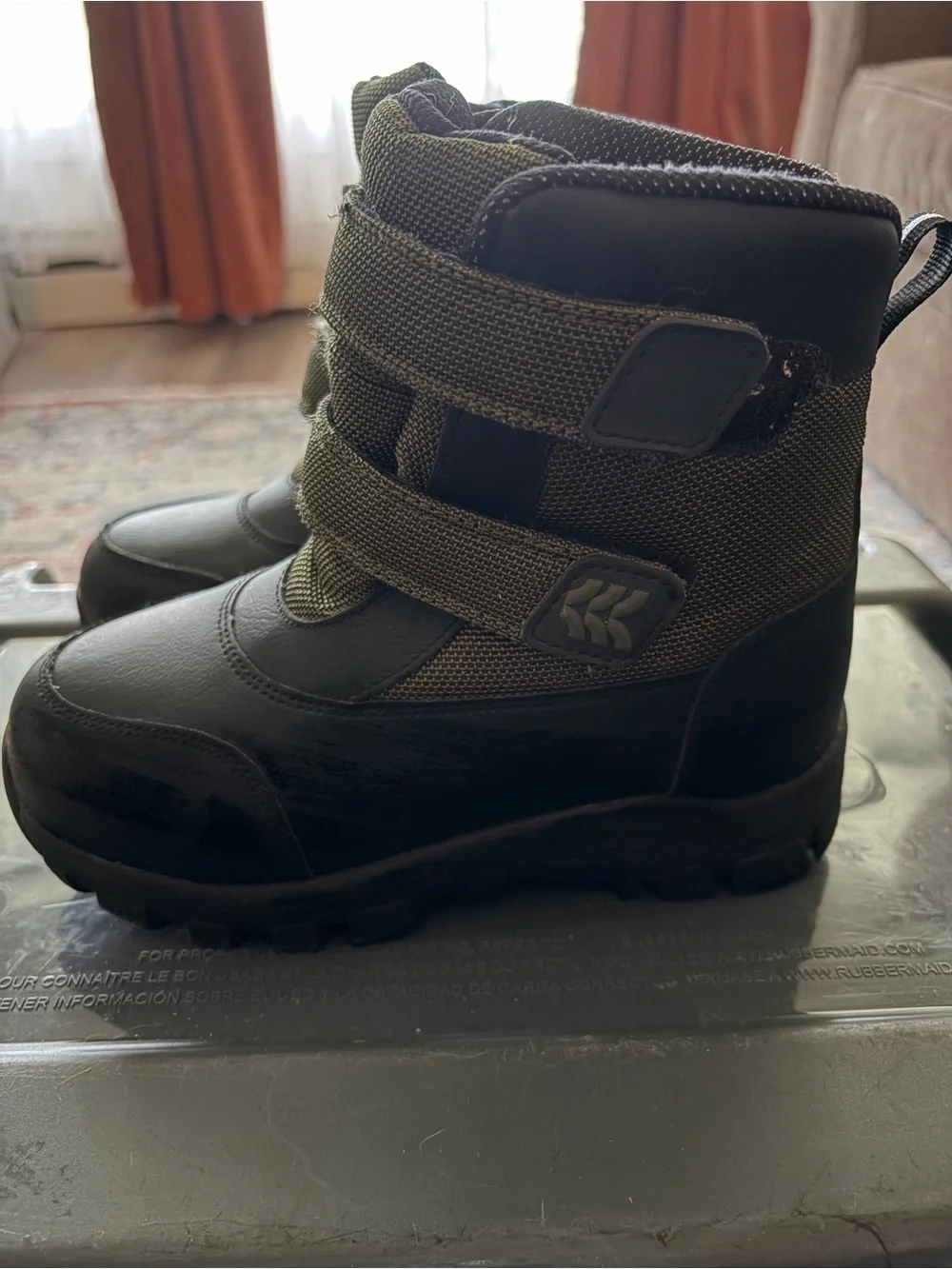 Kids Waterproof Black and Olive Green Snow Boots with Hook-and-Loop Straps