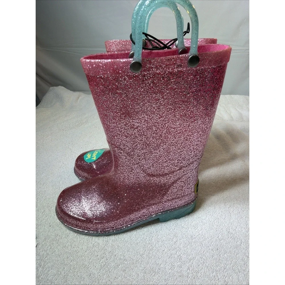 Western Chief Size 11 Toddler Girls Shimmer Glitter Lighted PVC Pink Rain Boots