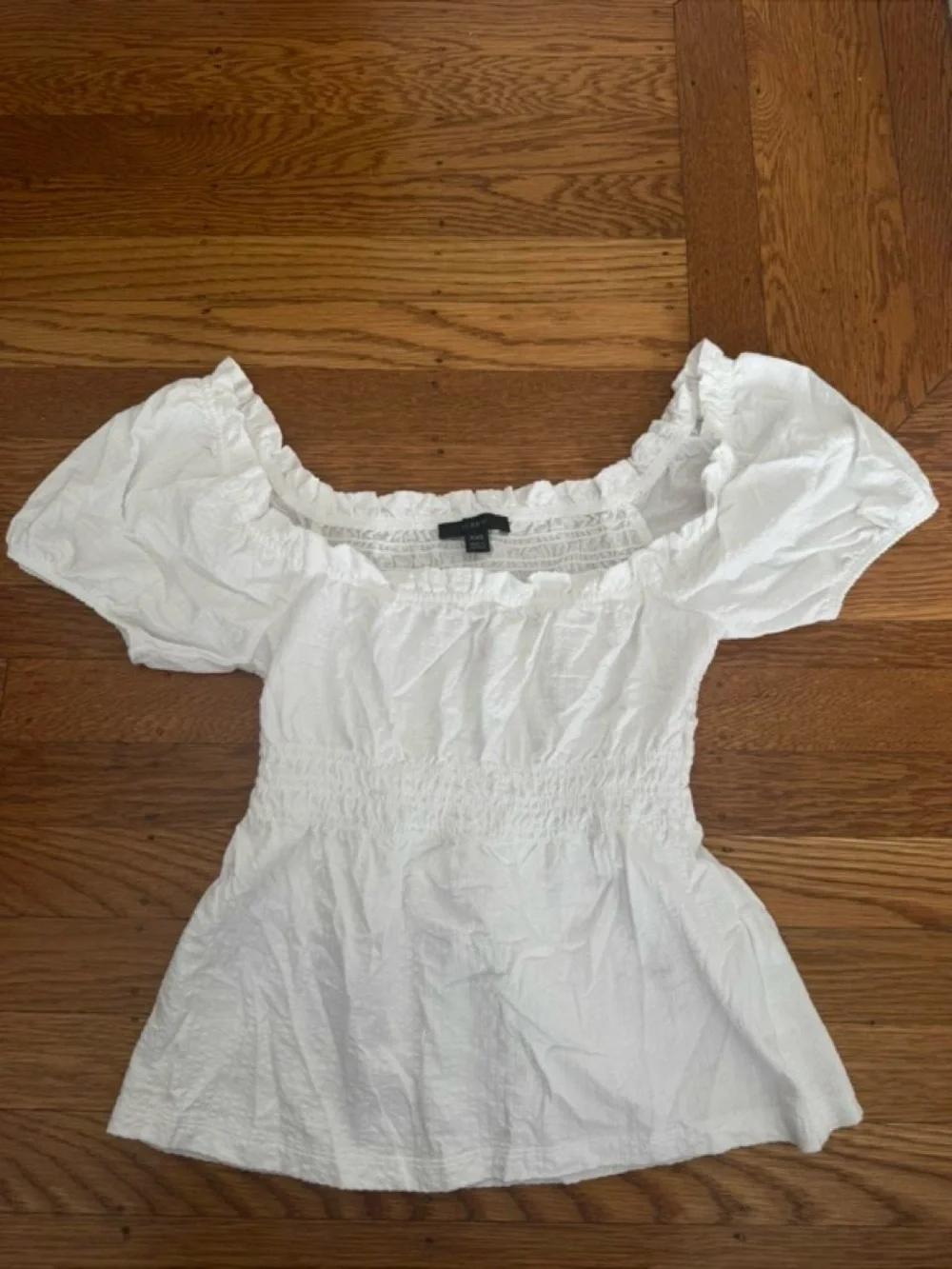J. Crew White Puff Sleeve Smocked Waist Blouse