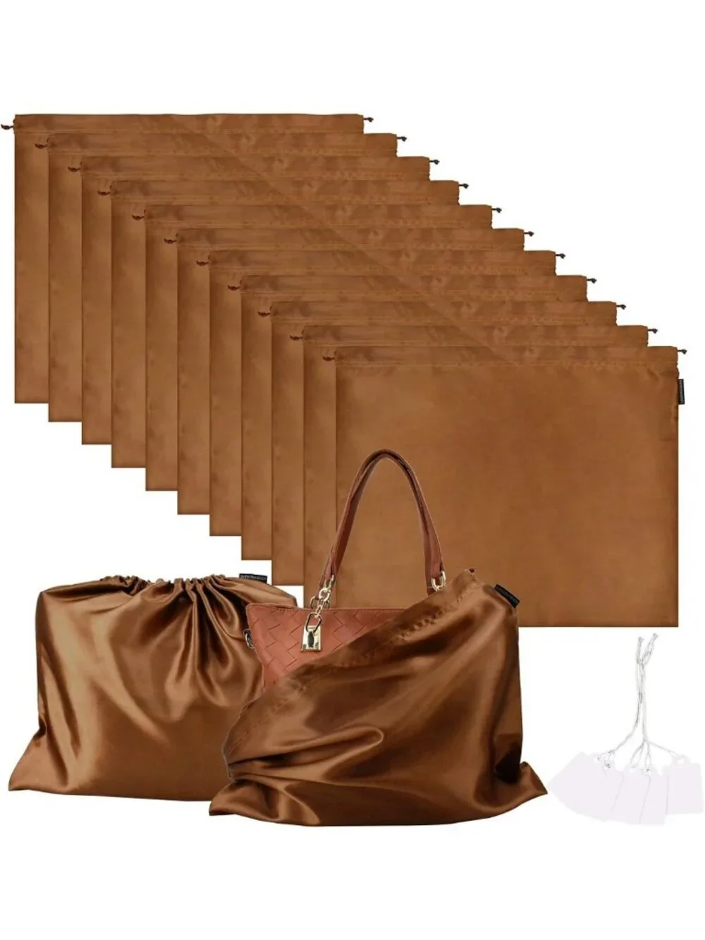 10 Pack Silk Dust Bags for Handbags & Purses, Drawstring Storage Pouches, Brown