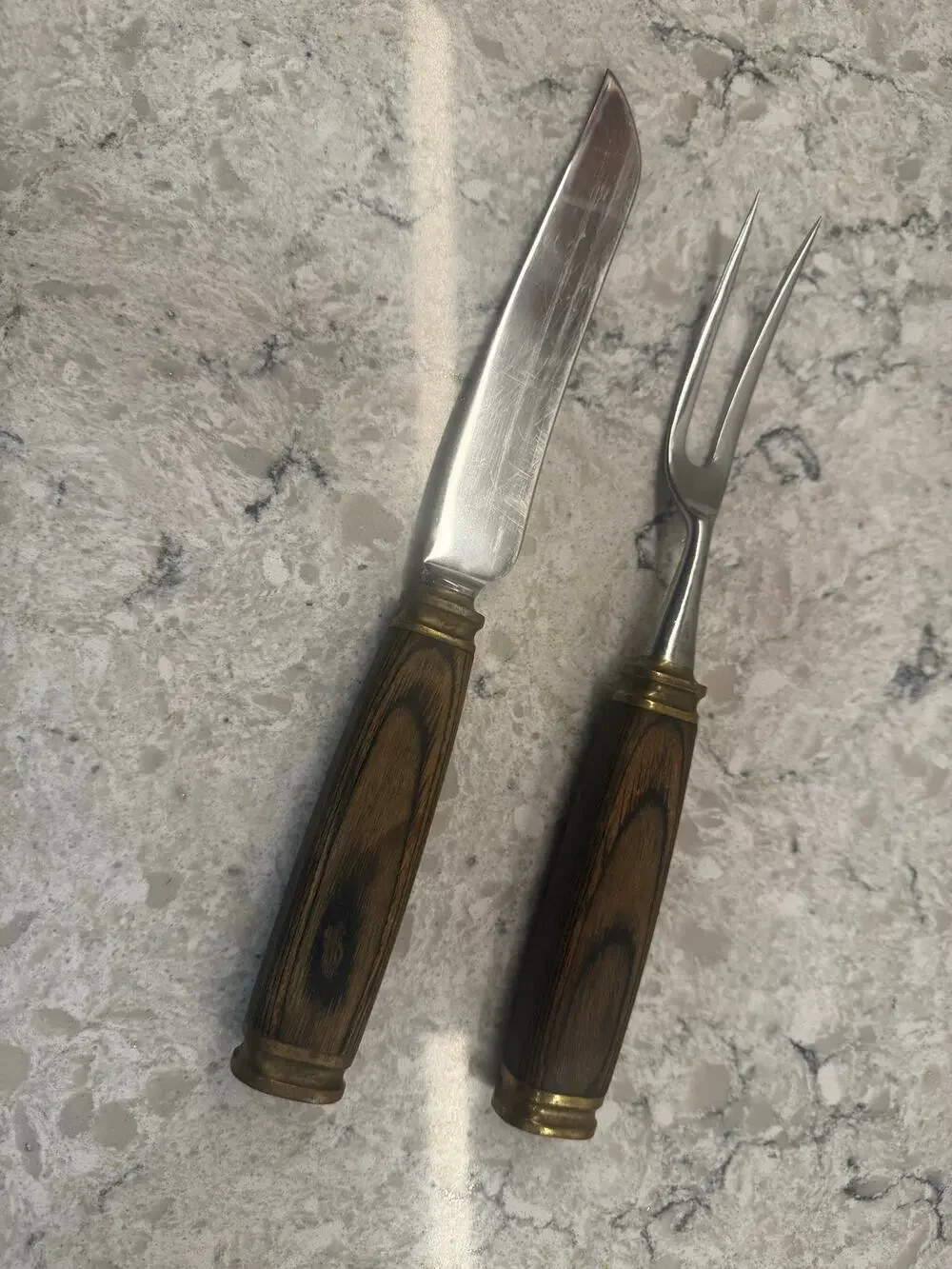 Vintage Carver Set Dark Wood Handles and Brass Bolster Initials 