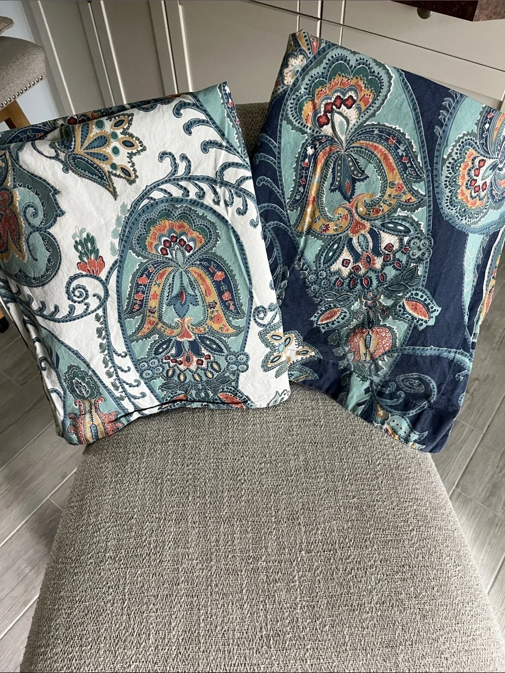 2 Pottery Barn Leah Paisley Euro pillow shams reversible blue white 27x30