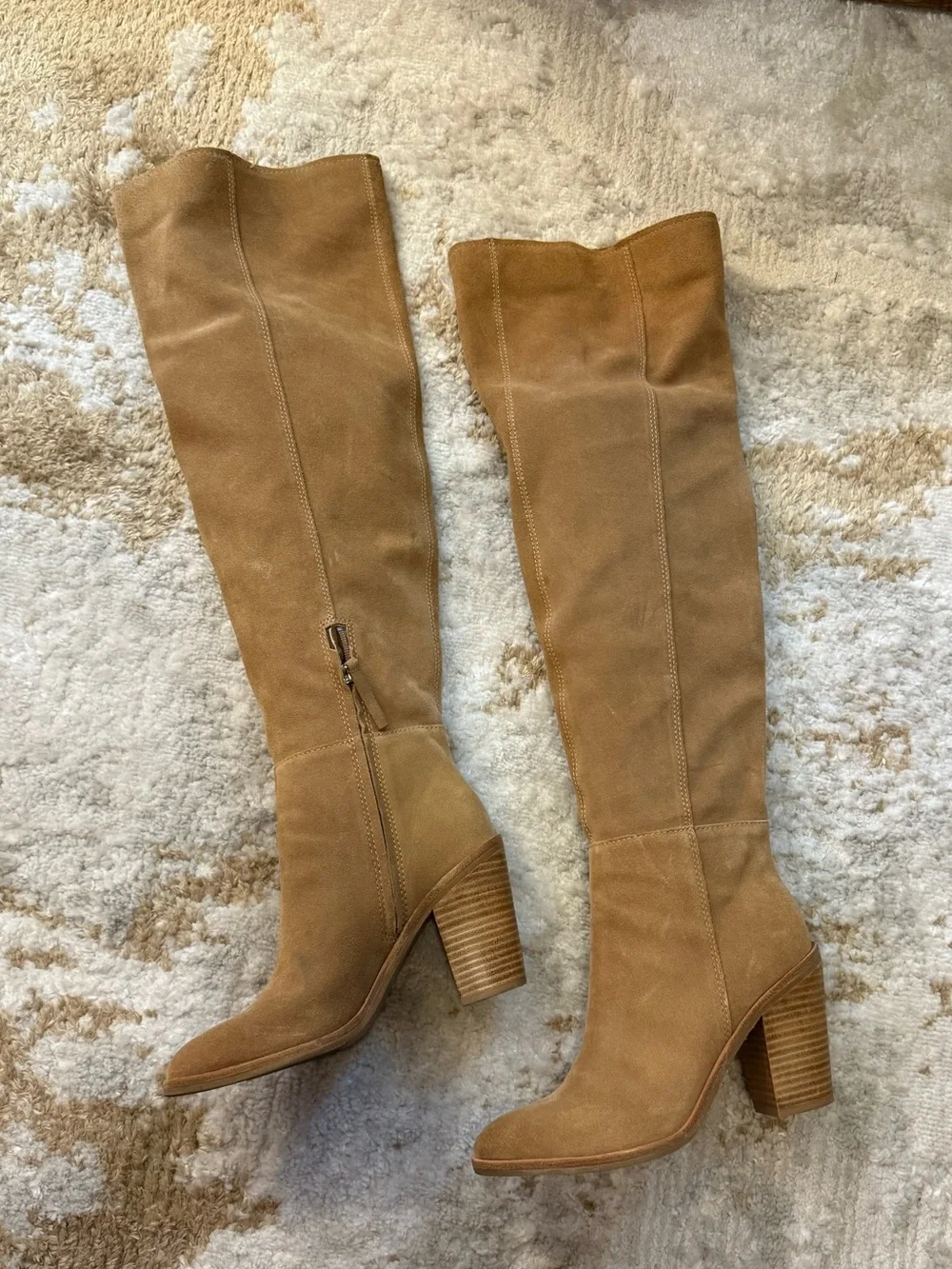 Women's Tall Suede Block Heel Boots in Camel / Tan