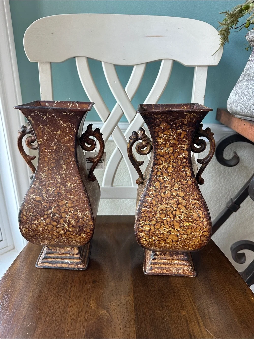 Pair of Brown Speckled Metal Urn Vases with Scroll Handles