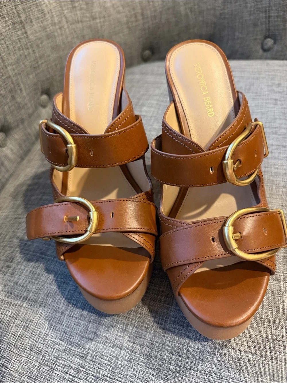 Veronica Beard Tan Leather Dual-Buckle Platform Sandals - 7.5