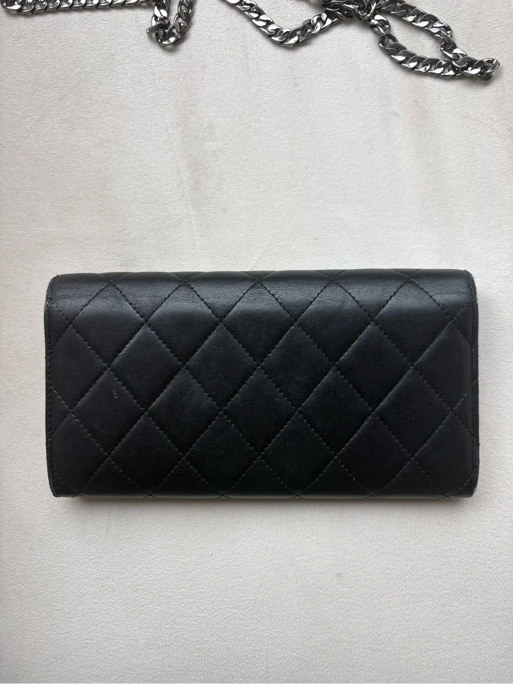 AUTHENTIC CHANEL GUSSET FLAP  BLACK QUILTED LEATHER WALLET ON CHAIN