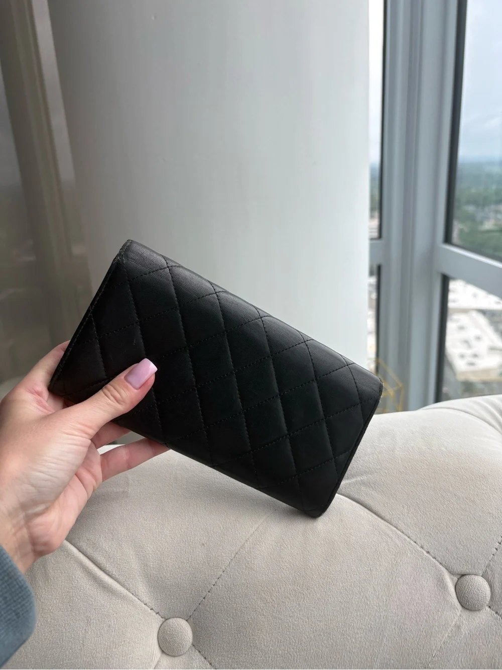 AUTHENTIC CHANEL GUSSET FLAP  BLACK QUILTED LEATHER WALLET ON CHAIN