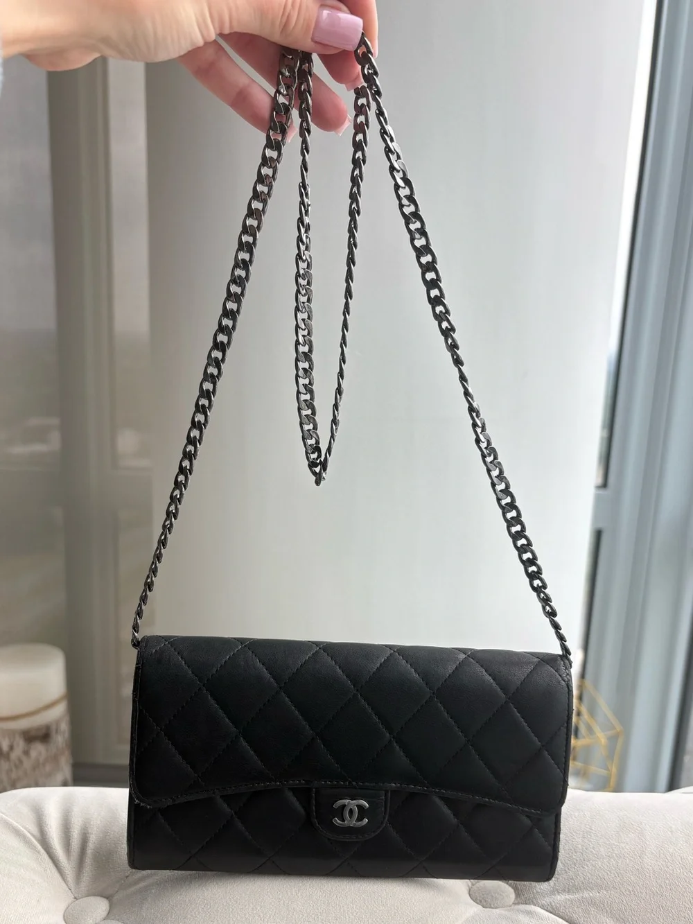 AUTHENTIC CHANEL GUSSET FLAP  BLACK QUILTED LEATHER WALLET ON CHAIN