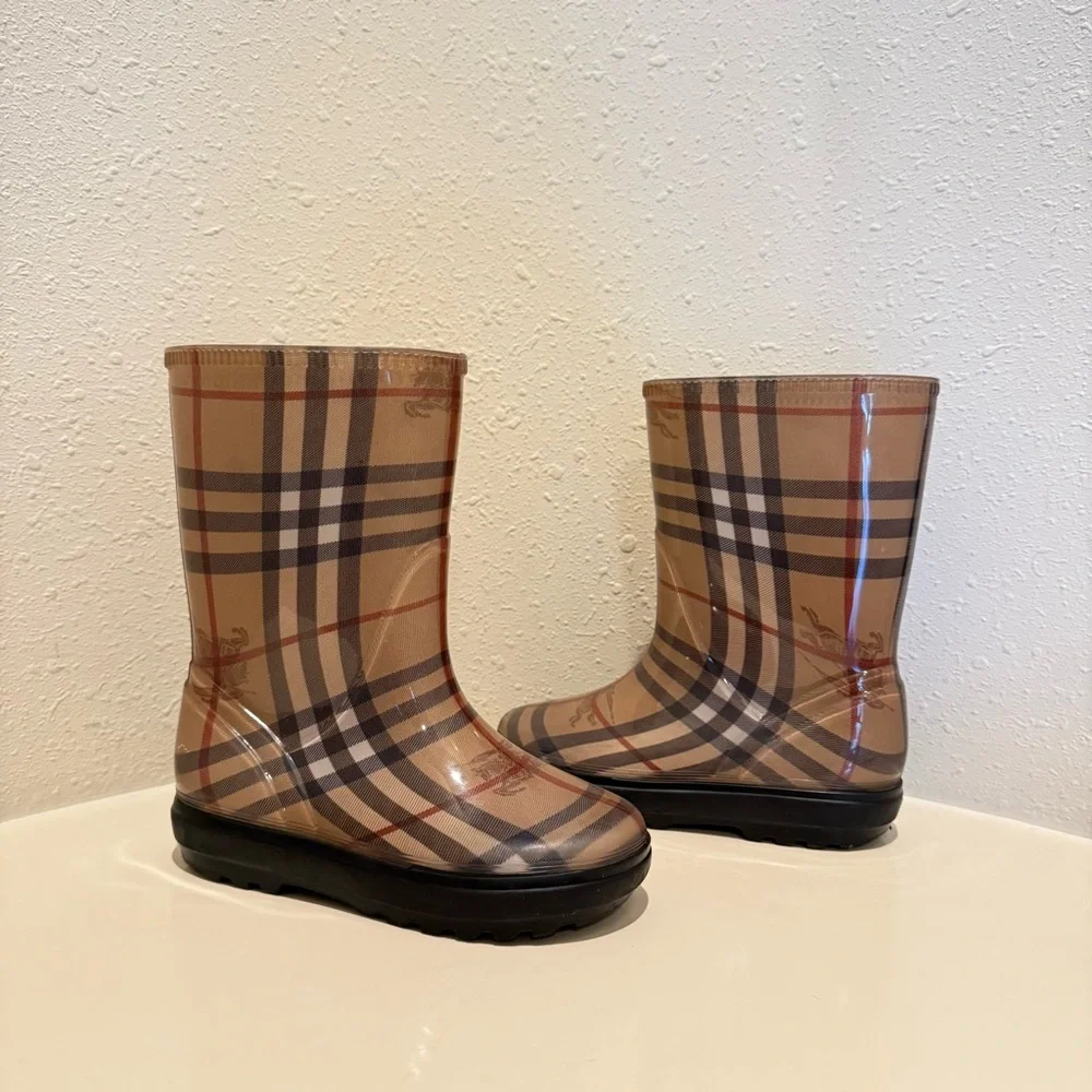 Burberry Short Kids Rubber Beige Multi Rain Boots Size 11-12