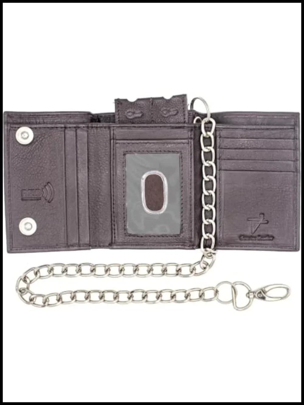 Genuine Leather Men's Trifold Biker Wallet with Chain RFID Blocking