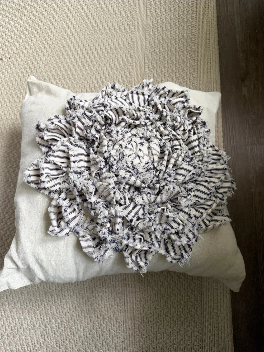 Decorative Cream Throw Pillow with Navy Striped Ruffle Flower