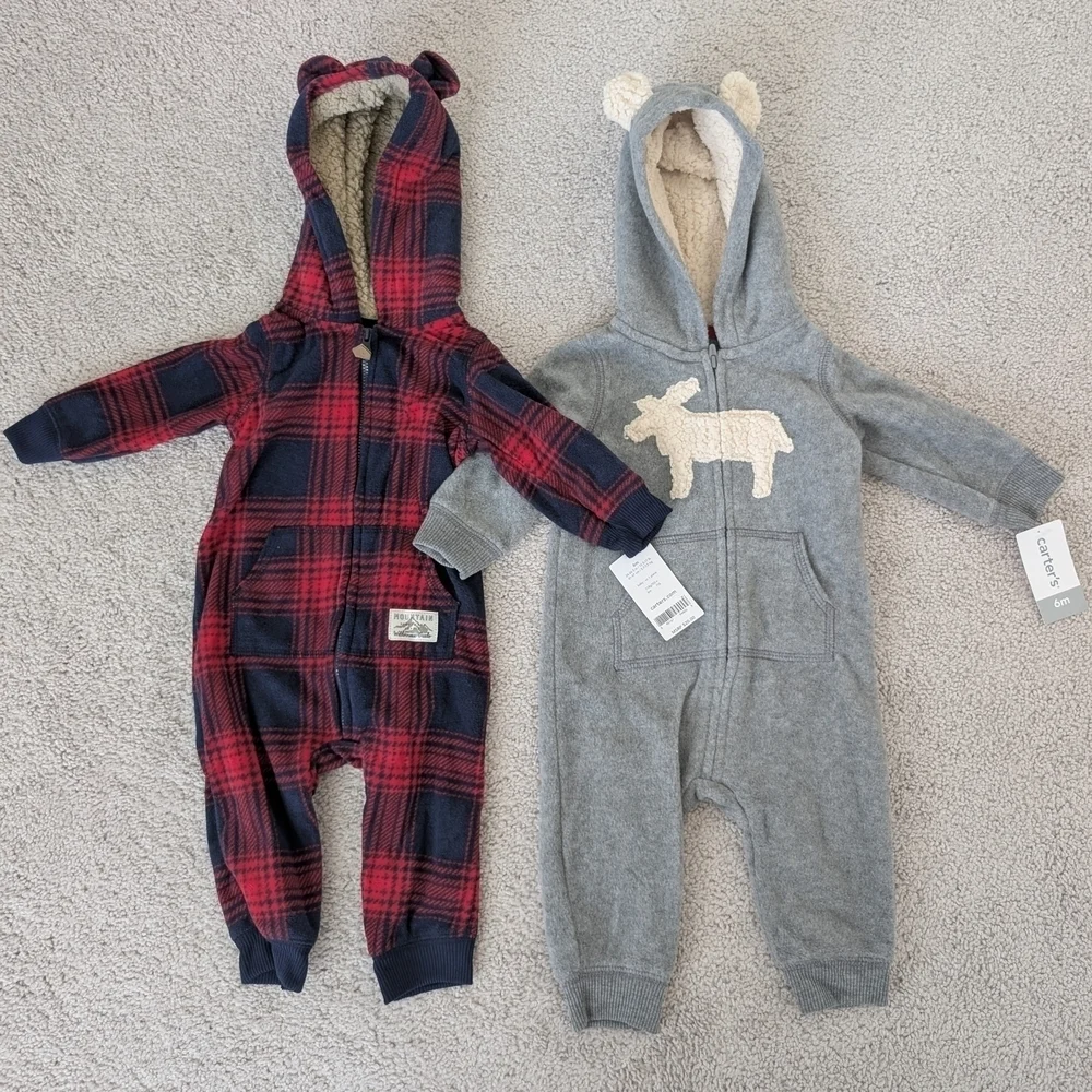 NWT Lot Of 2 Carter's Fleece One Piece FullZip Bodysuit Plaid Size 6 Months