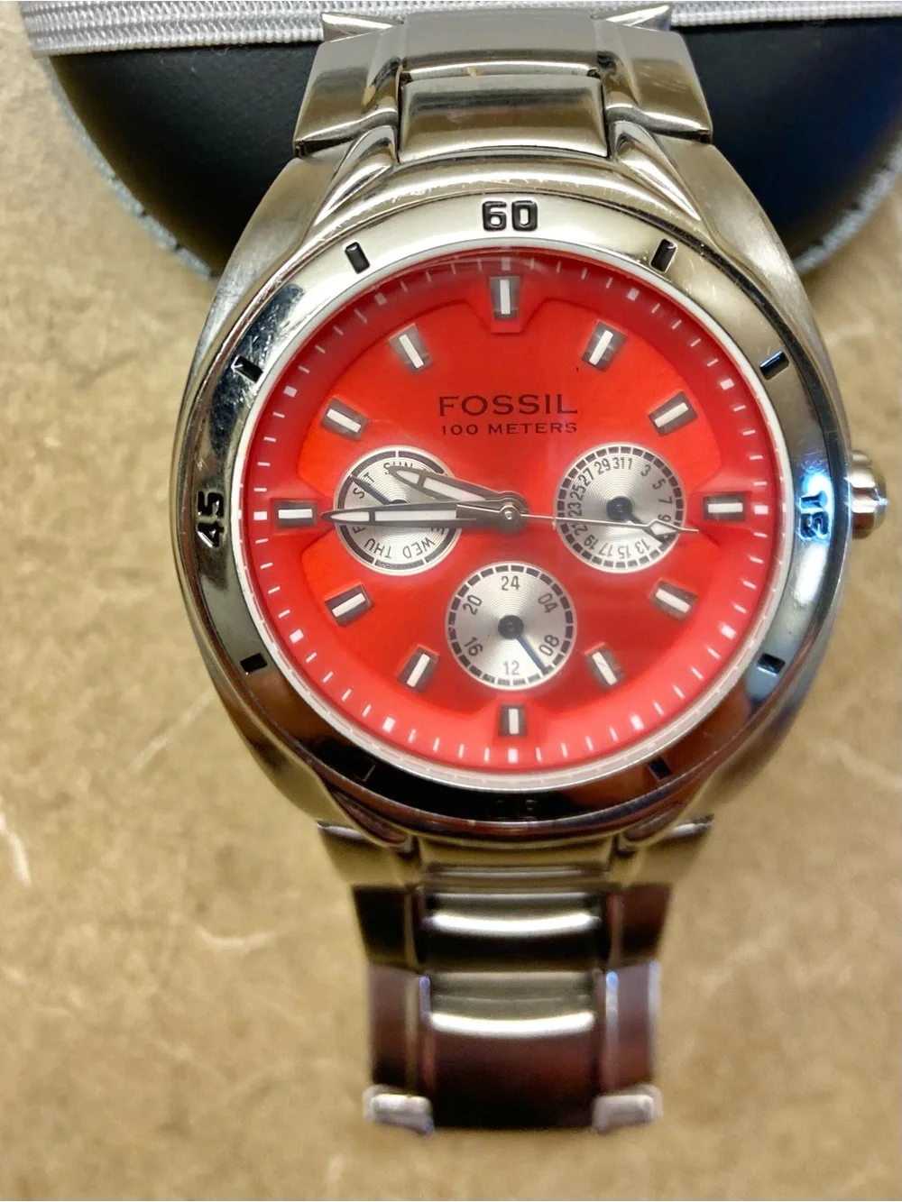 Fossil Silver Stainless Steel Sports Watch with  Red Orange Dial