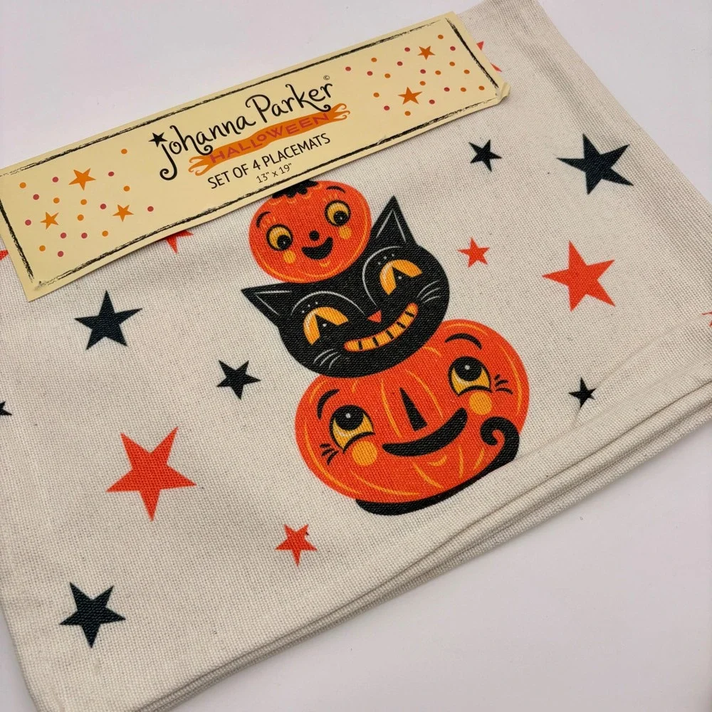 Johanna Parker Halloween Placemats Set of 4 Madison Studio Pumpkin Cat Vintage