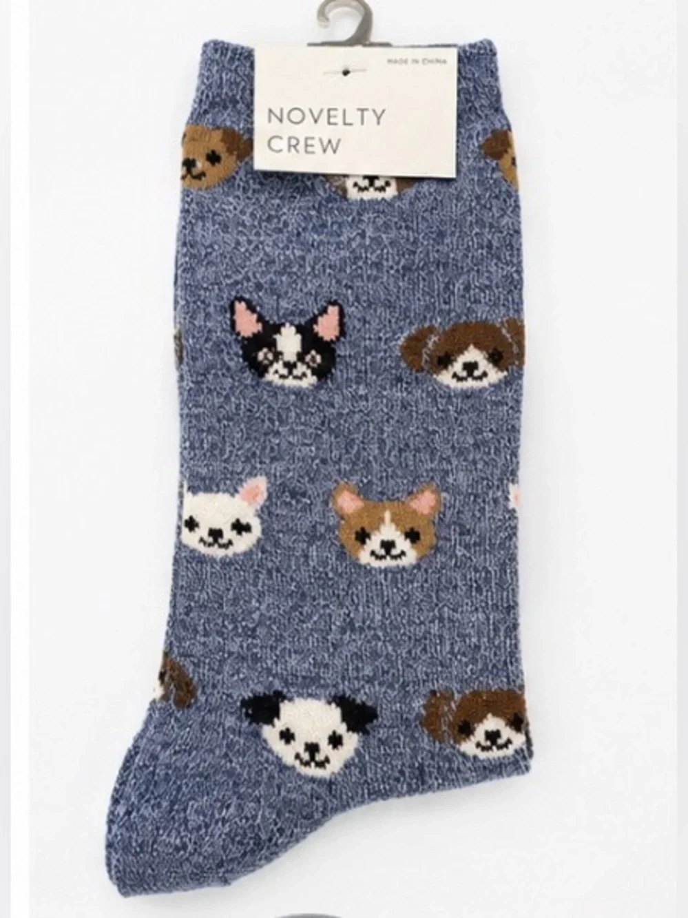 Novelty Crew Socks Dog Faces Heather Blue Crew Socks NWT 13