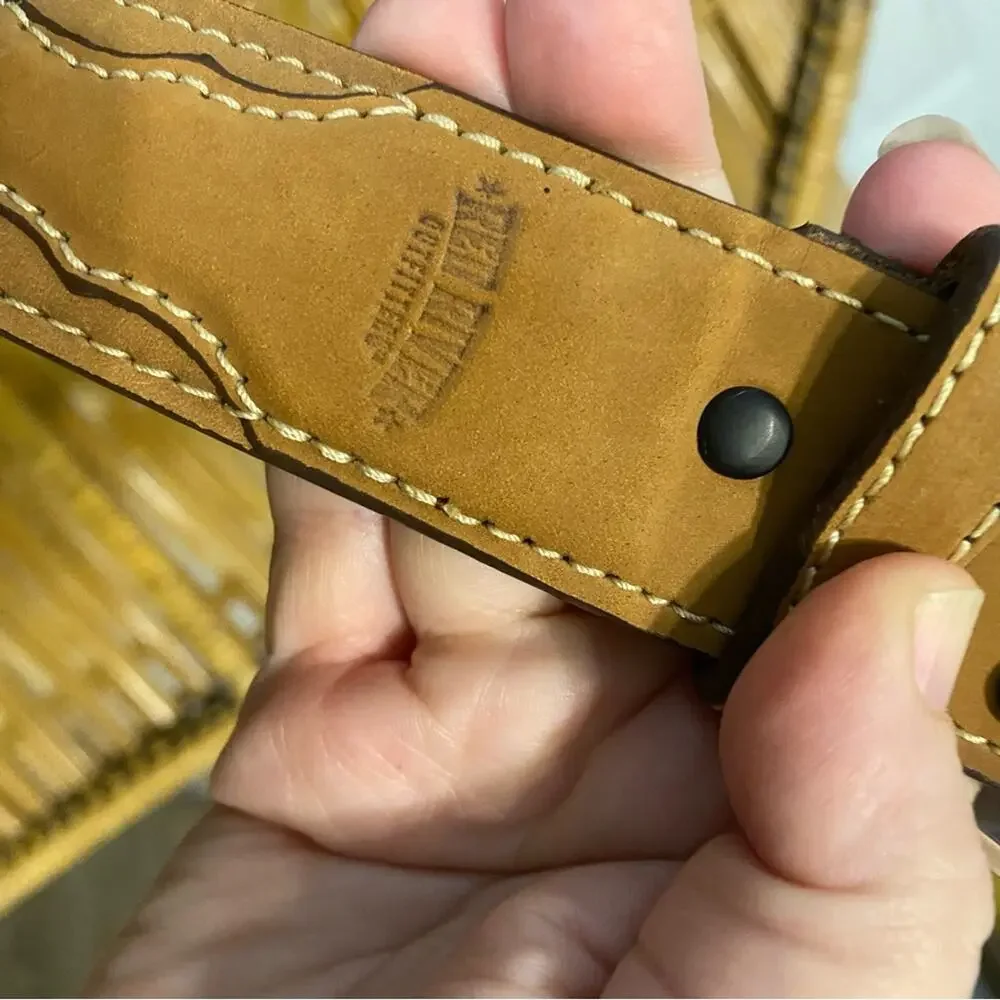 Red river outfitters tan leather belt with silver buckle western wear size 48