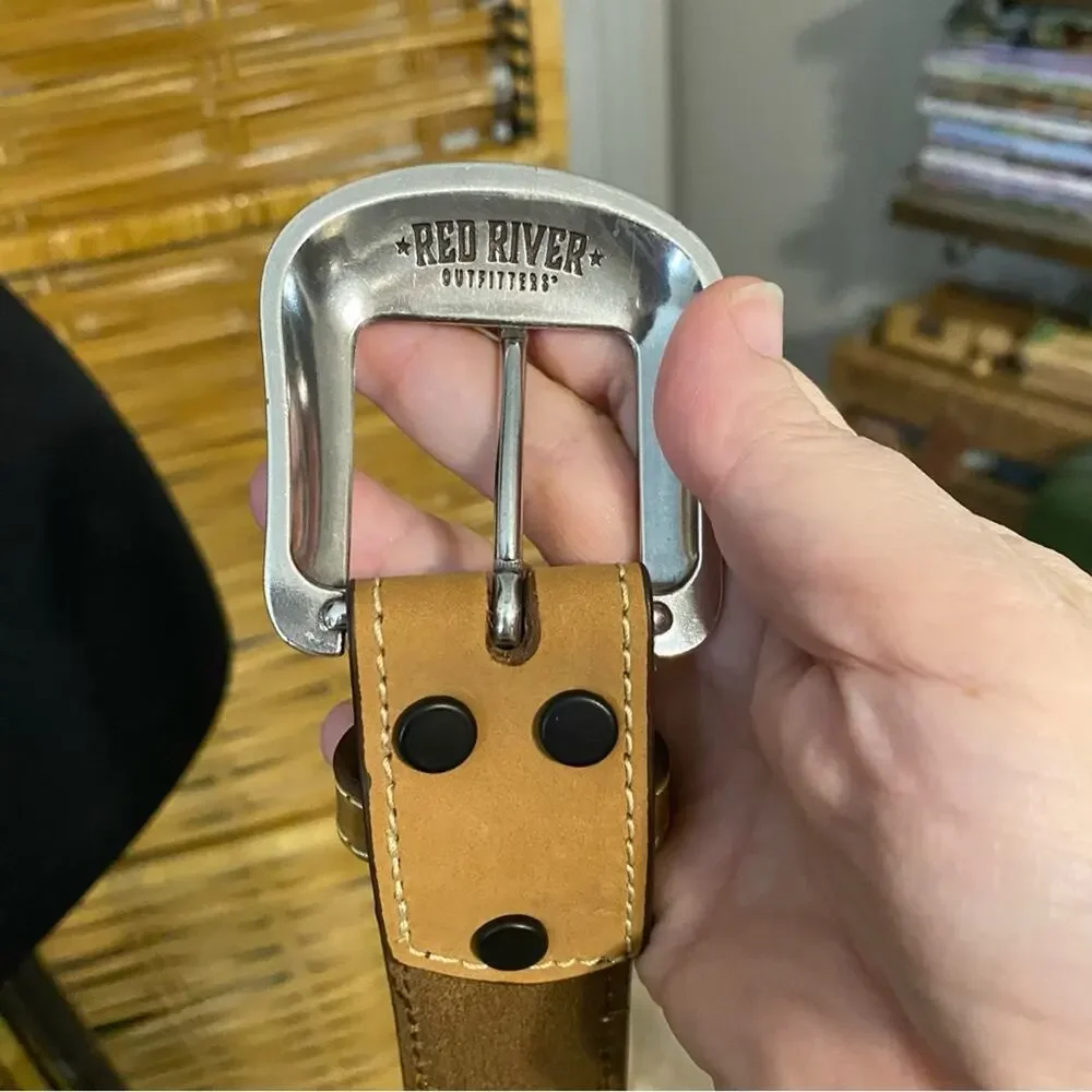 Red river outfitters tan leather belt with silver buckle western wear size 48