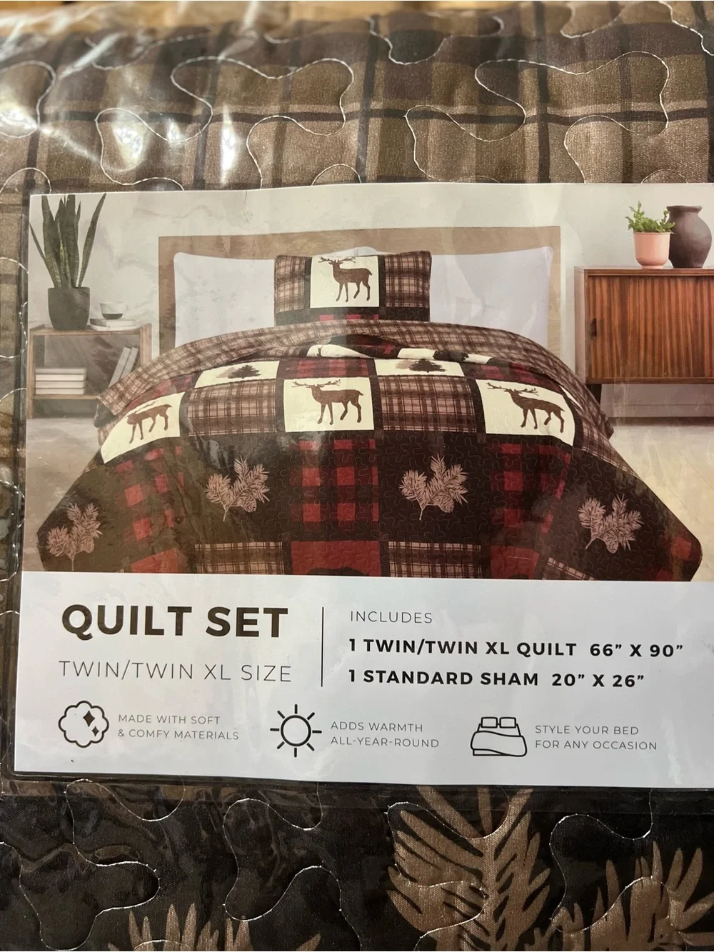 Rustic Brown Plaid Moose Quilt Set with Sham