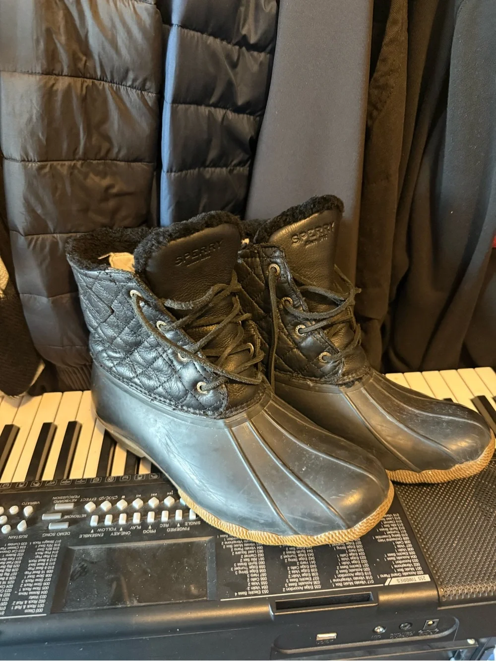 Sperry Black Quilted Lace-Up Duck Boots with Tan Outsole