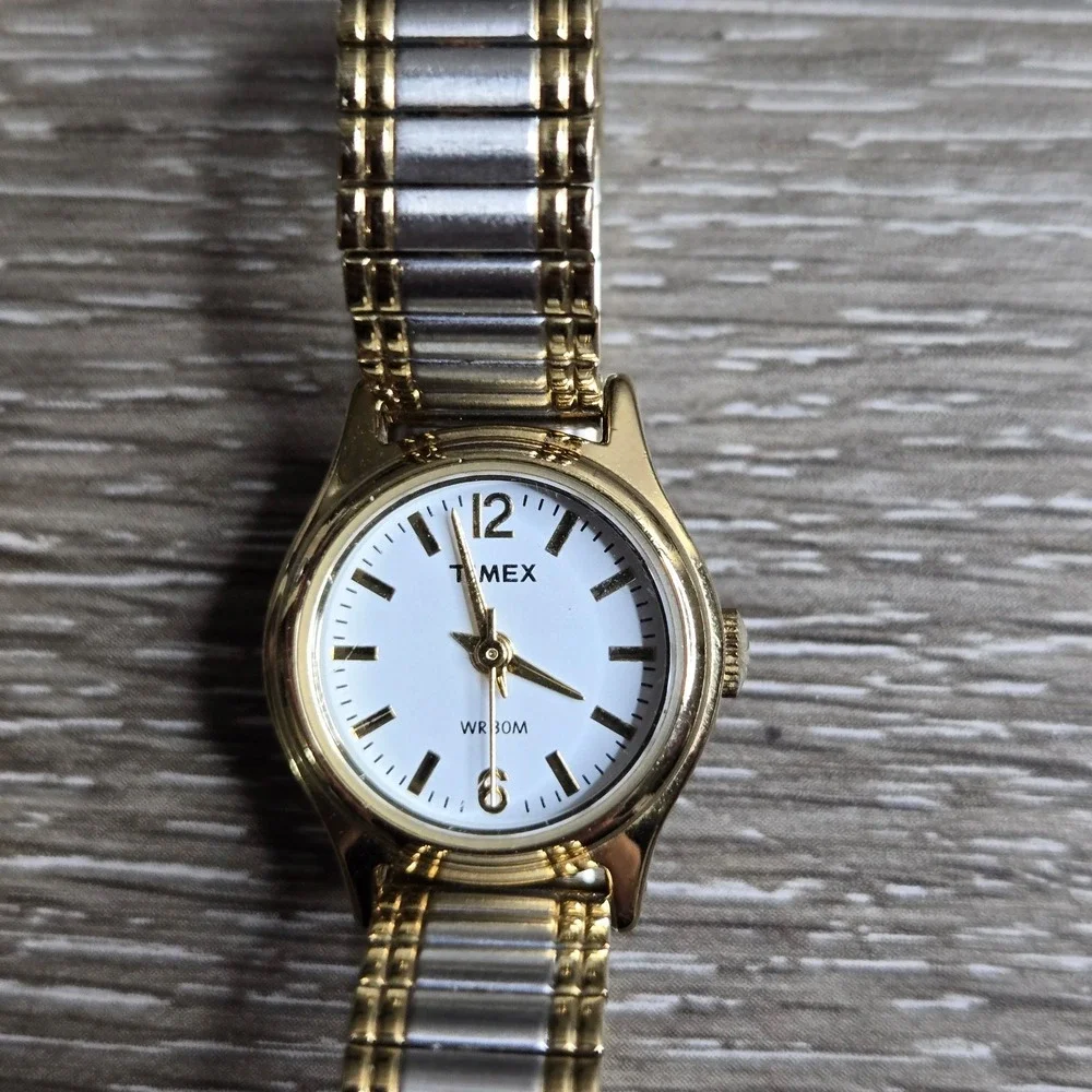 Timex Women's Two Tone Expansion Band Watch White Dial WR 30M Gold Silver Tone