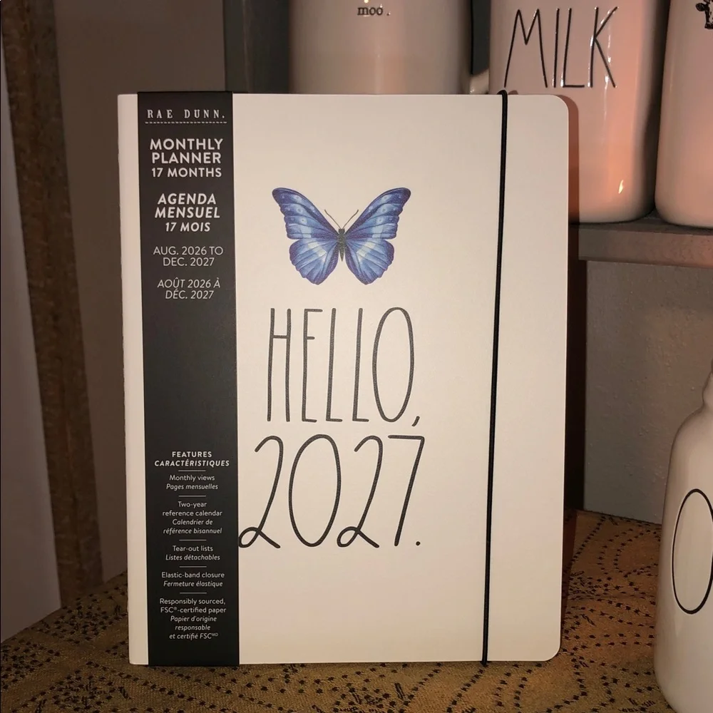 Rae Dunn HELLO 2027. 17 Month Planner with Beautiful Blue Butterfly