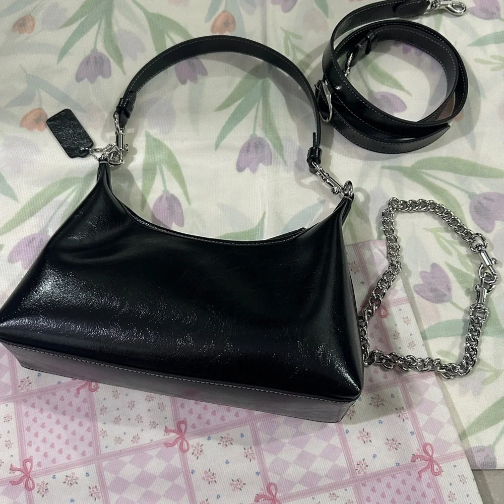 Coach Black Patent Leather Shoulder Bag with Silver Chain