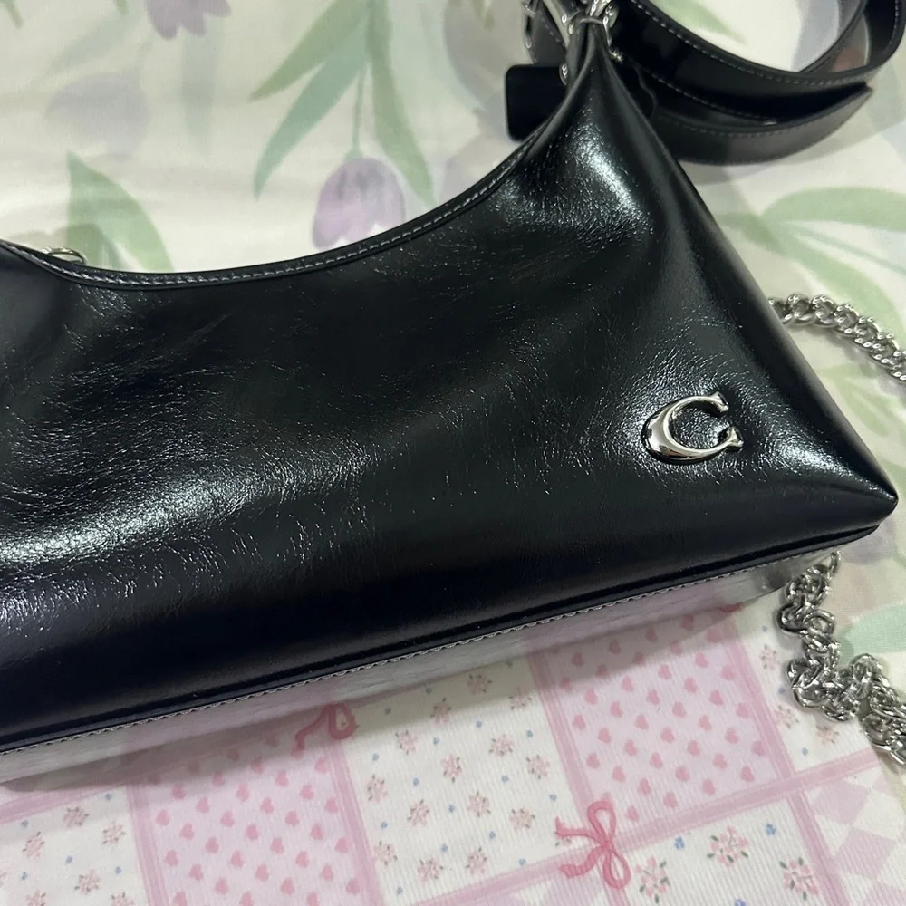 Coach Black Patent Leather Shoulder Bag with Silver Chain