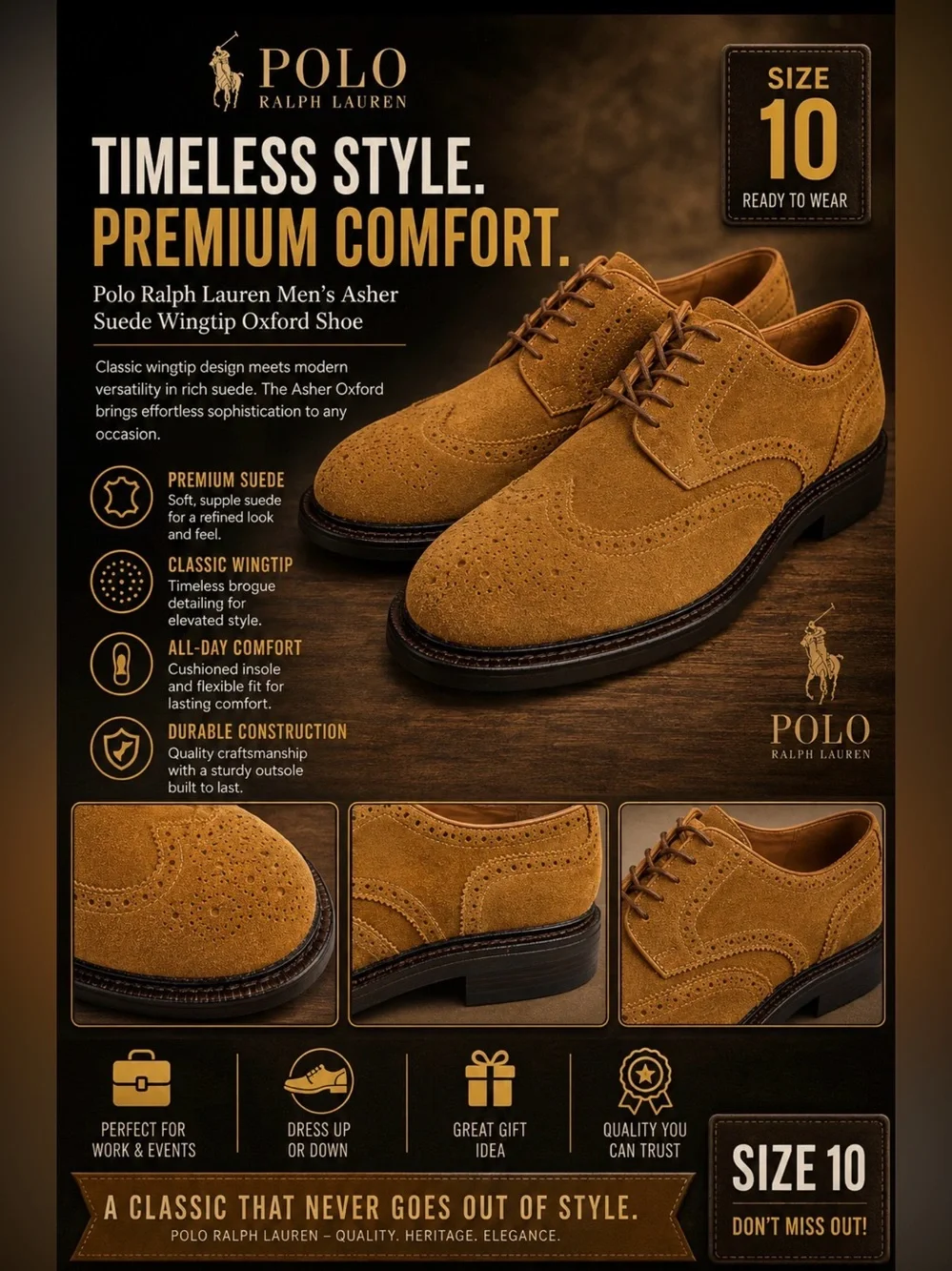 Polo Ralph Lauren Men's Asher LaceUp Suede Wingtip Oxford Shoe, Brown US 10 D US