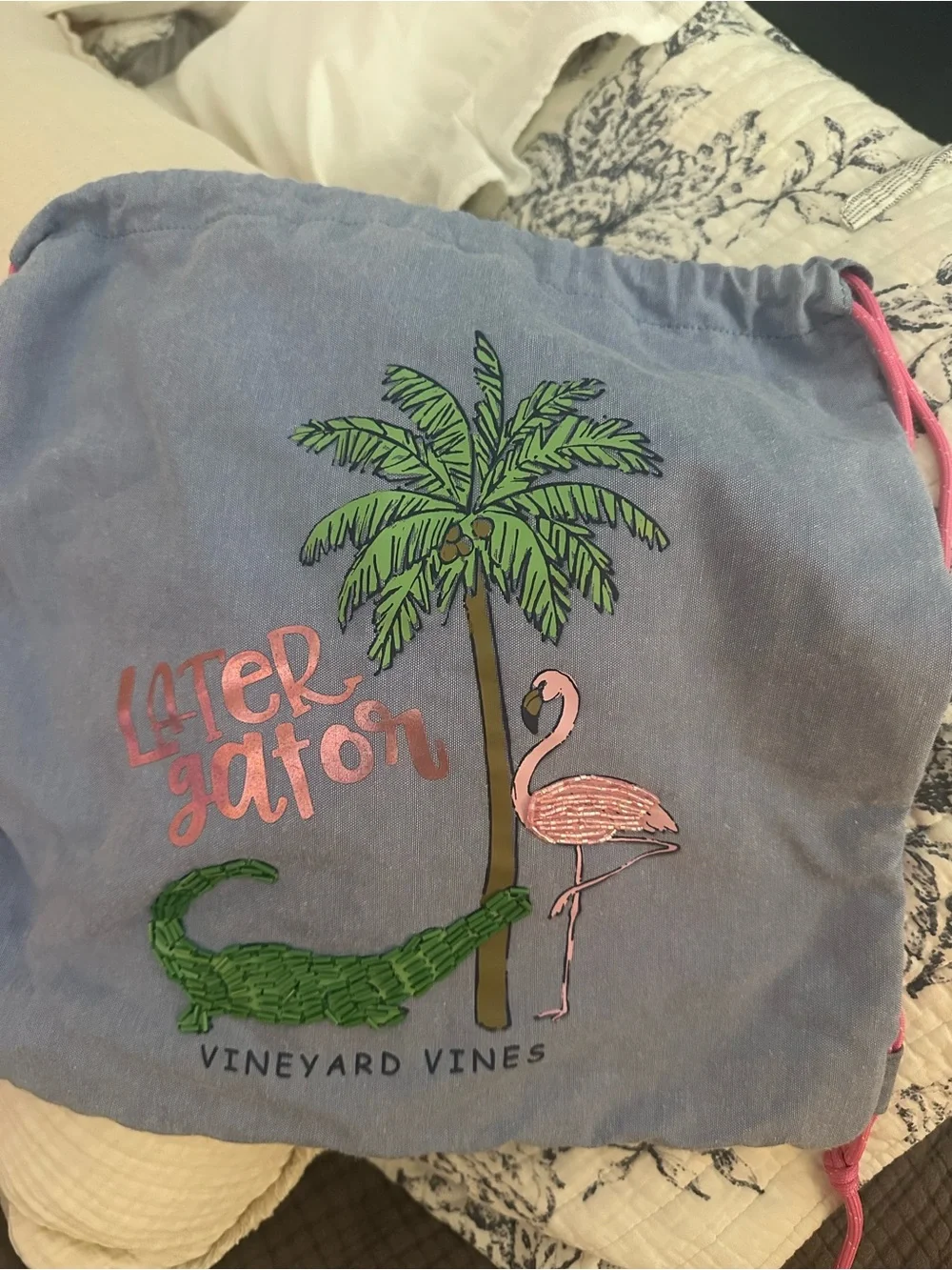 Vineyard Vines Oxford Blue Drawstring Bag with Pink Flamingo & Green Alligator