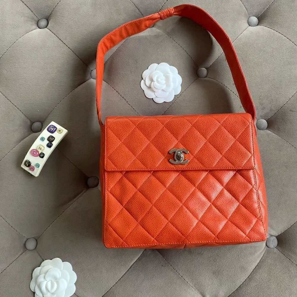 CHANEL Caviar Quilted Shoulder Bag Orange