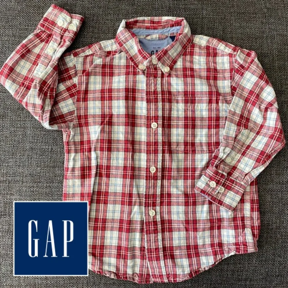 ⭐️ EUC GAP Red Plaid Button Down Authentic Oxford Shirt, Boys XS/4, 100% Cotton
