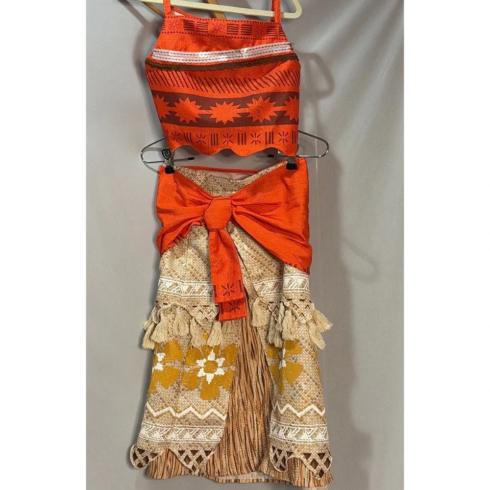 Disney Store Moana Costume Girls 9/10 Two Piece Dress Up Outfit Orange Tan