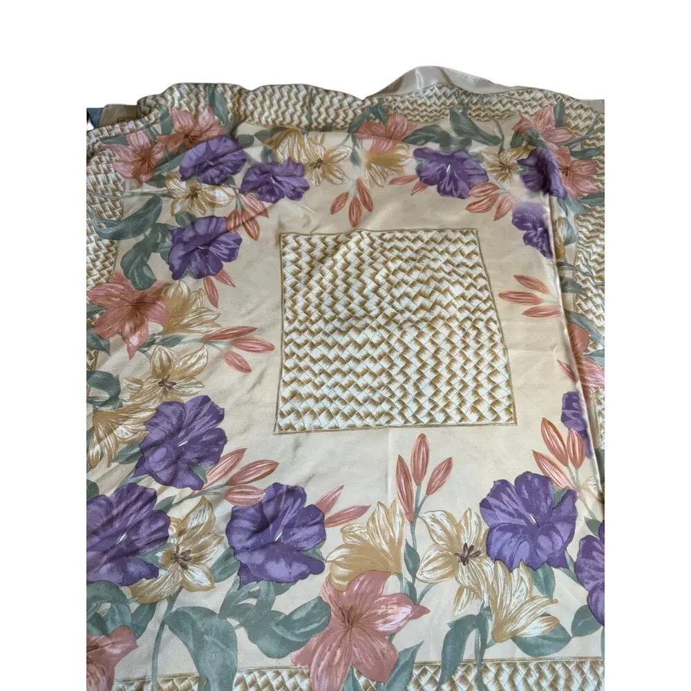 Vintage Liz Claiborne Large Square Silk Scarf Spring Lilly Print Beige Pink