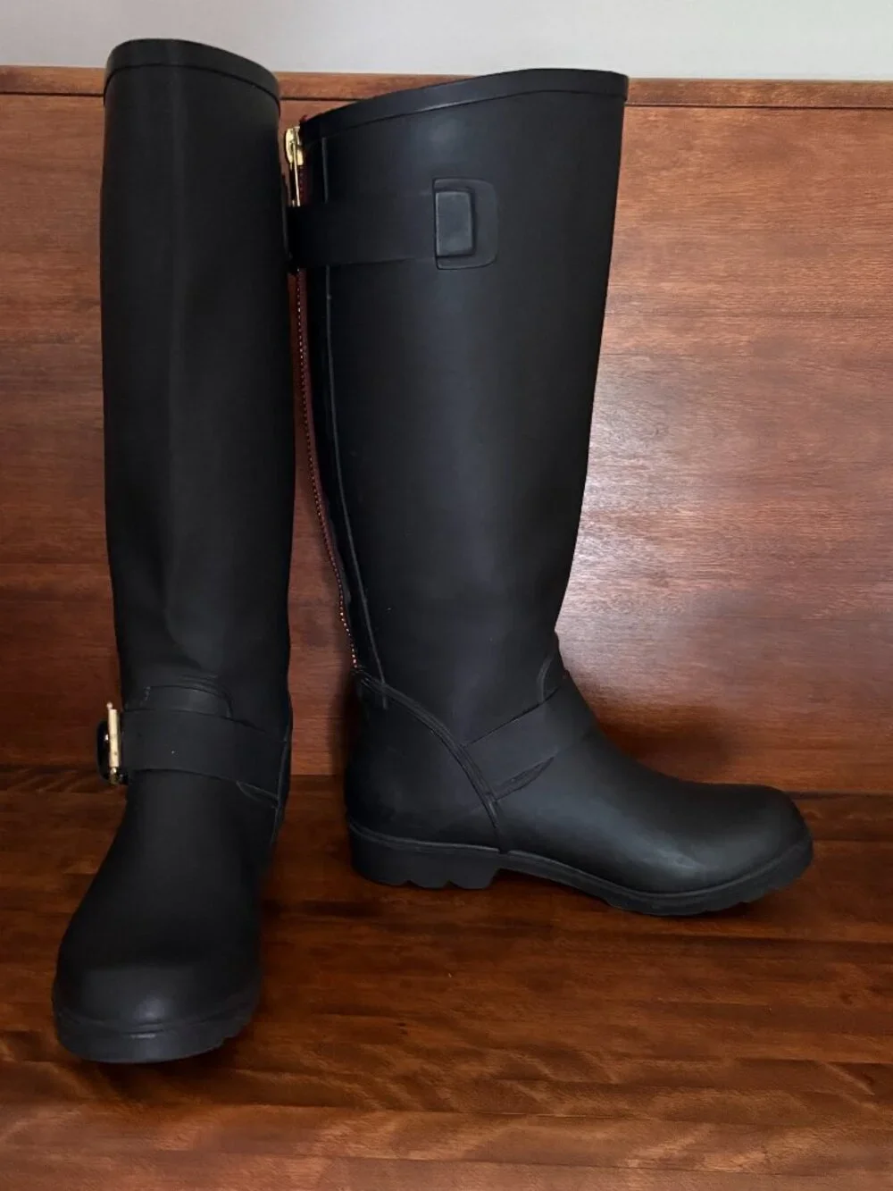 Steve Madden Dreench Black Zipper Rain Boots Riding Tall Waterproof Buckle 9