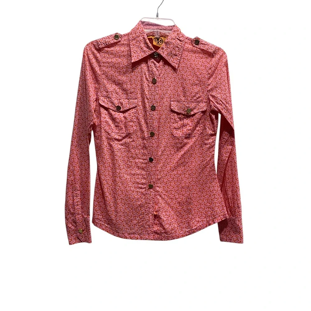 Tory Burch Button Down Long Sleeve Shirt Anchor Print Red Size 2‎